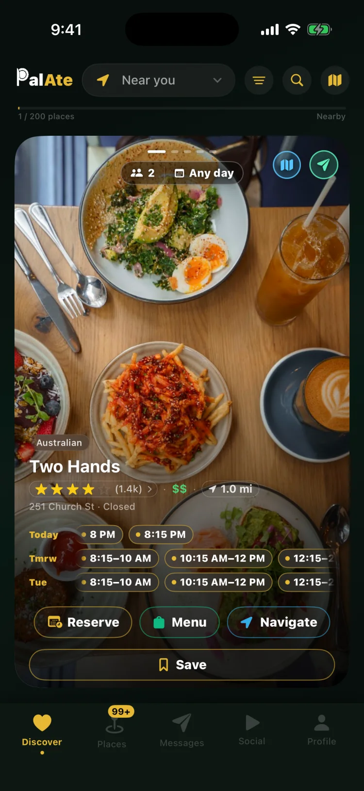 Two Hands on the deck with tonight&rsquo;s tables — 8 PM and 8:15 PM — sitting on the card