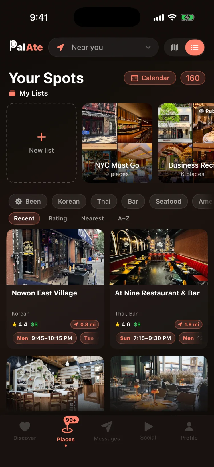 Your Spots — saved places and lists, each with its next bookable table